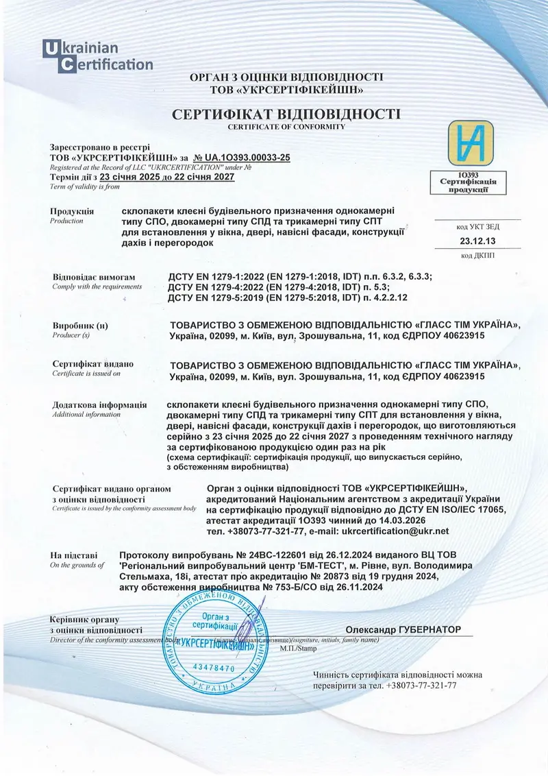 Сертифікат склопакети Piemont